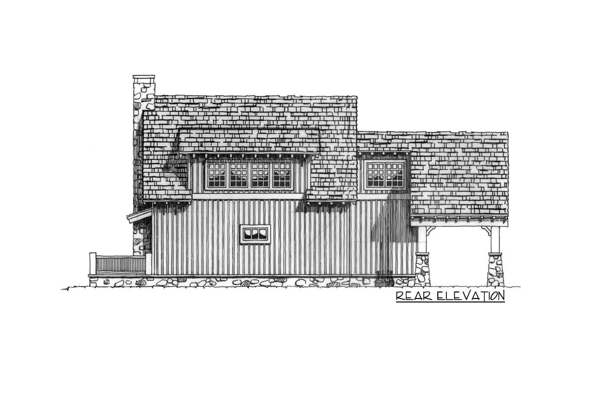 Rear elevation drawing of a house with vertical siding, stone foundation, multiple gables, dormers, and a covered porch.