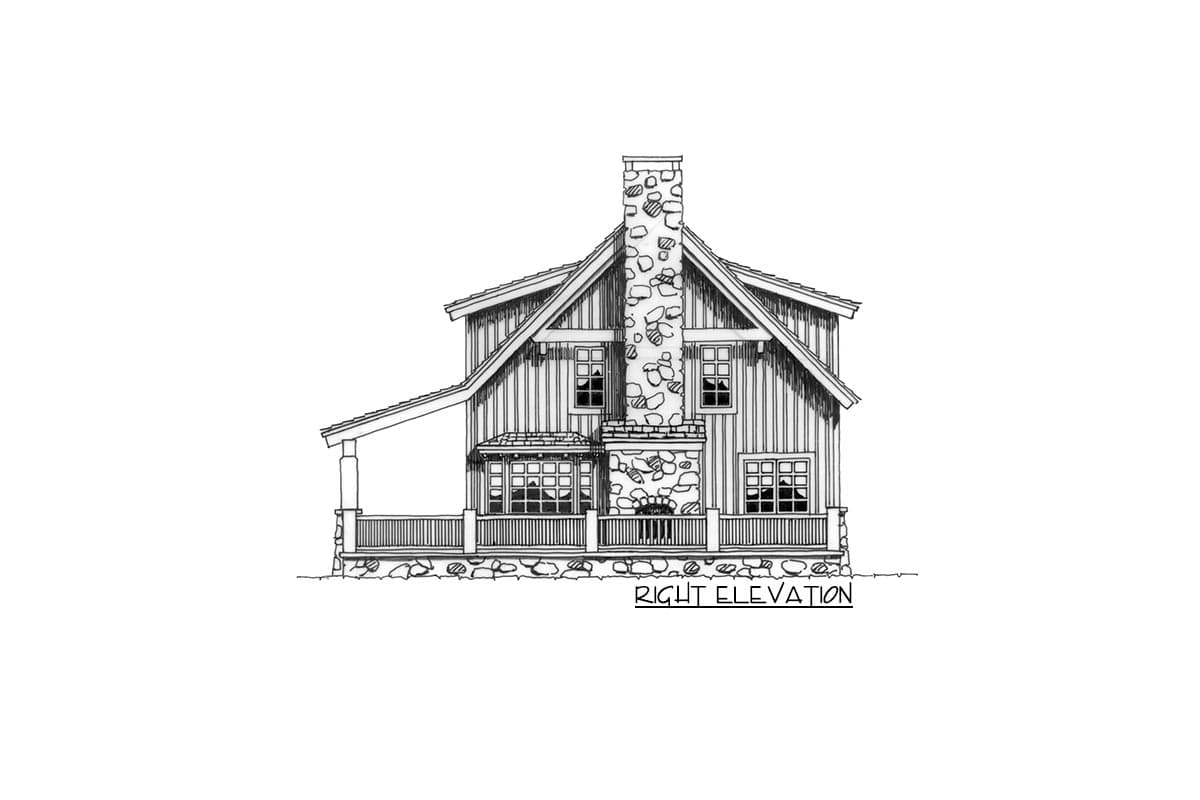 House plan right elevation drawing showing a two-story home with a stone chimney, covered porch, and gabled roof.