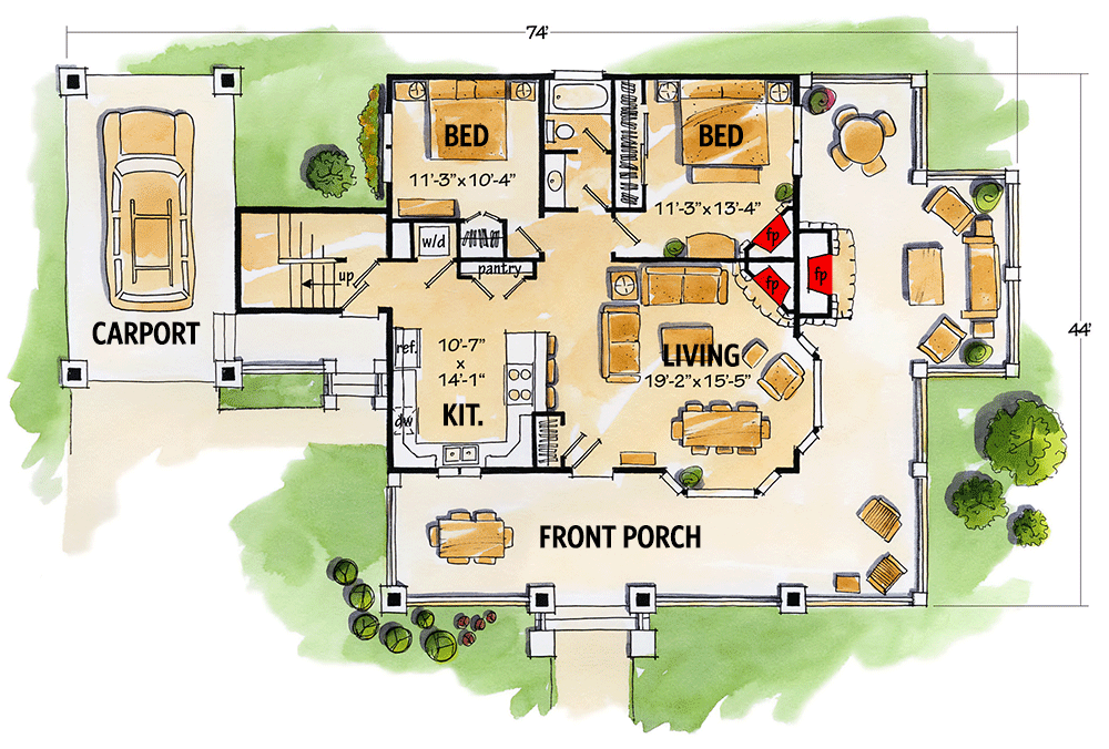 Plan 11523KN: Rustic Cottage with 2 Beds and Upstairs Expansion - 1053 Sq Ft - Floor Plan - Main Level - Cabin, Cottage, Country, Log Cabin, Rustic