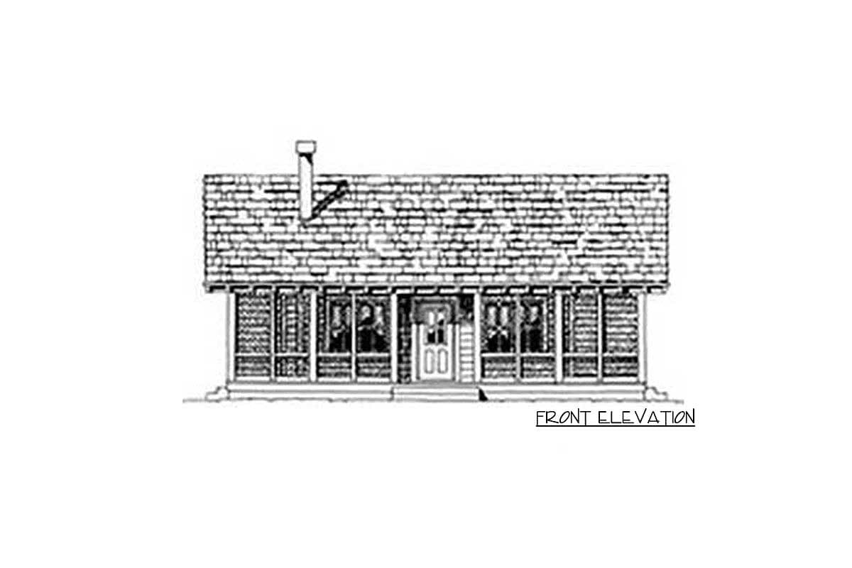 Front elevation drawing of a one-story house with a prominent gabled roof, a full-width porch, and a central chimney.