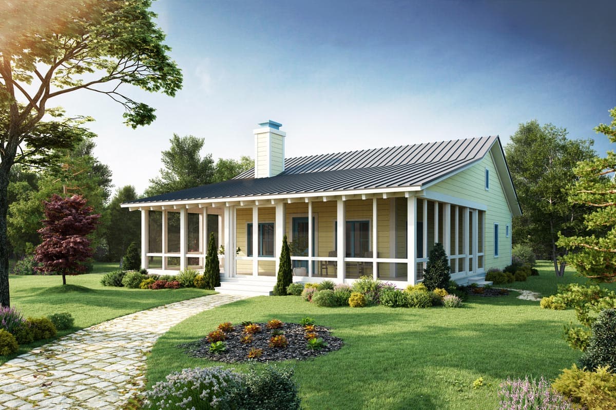 House plan exterior with screened porch, gable roof, and chimney. One-story structure with a metal roof and light-yellow siding.