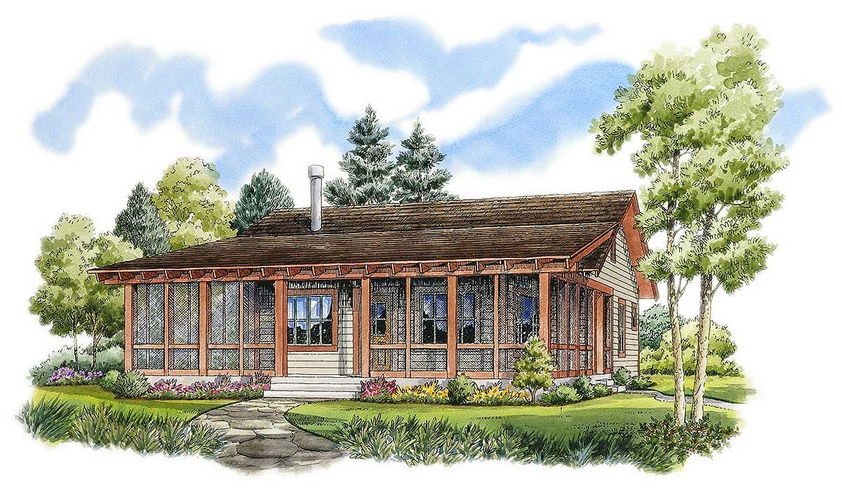 House plan exterior of a one-story home with a wide screened porch, exposed rafters, and a gable roof.