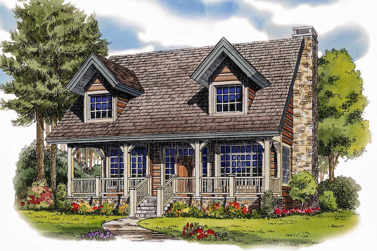 House plan exterior: Two-story cottage with a covered front porch, stone chimney, gable dormers, and a shingled roof.