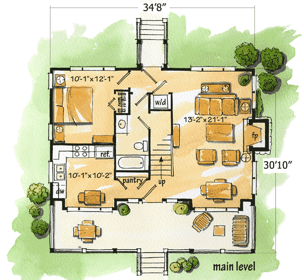 Plan 11526KN: Two Bedroom Rustic Retreat - Floor Plan - Main Level - Cottage, Country, Log Cabin, Mountain, Rustic, Vacation