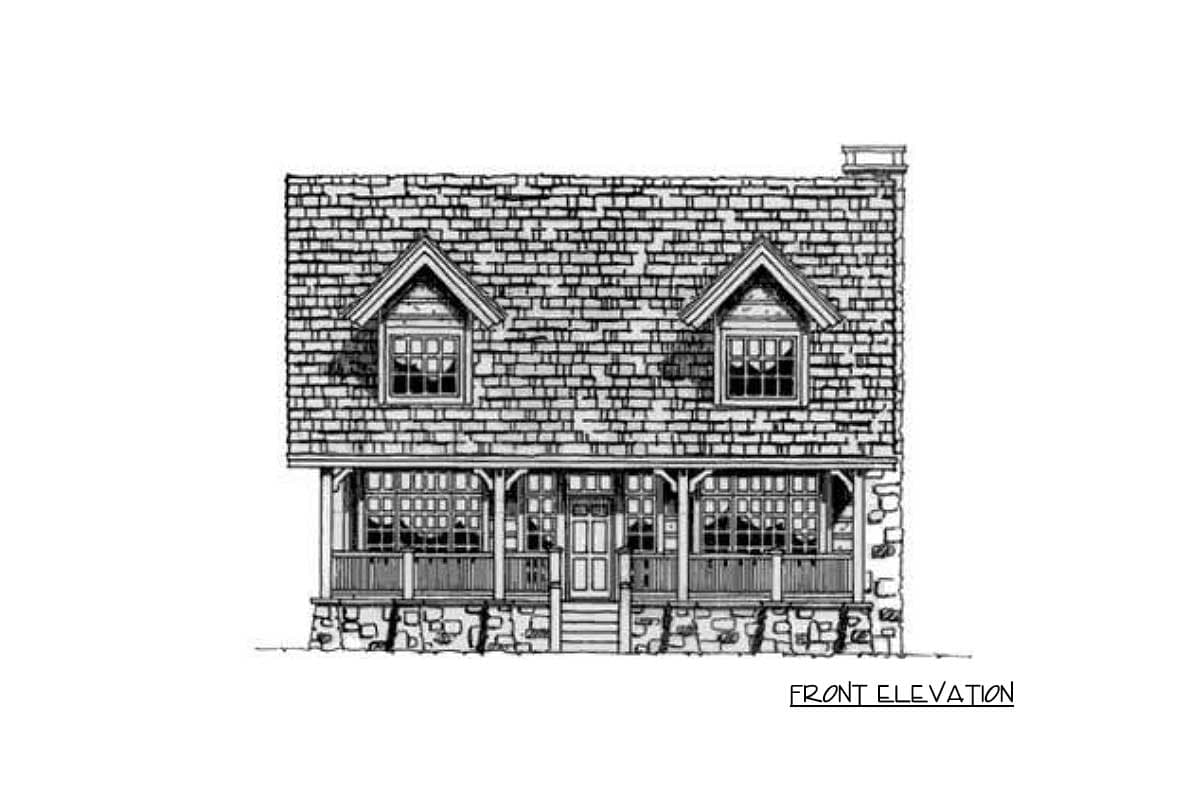 Front elevation house plan with stone foundation, wraparound porch, and two dormers.