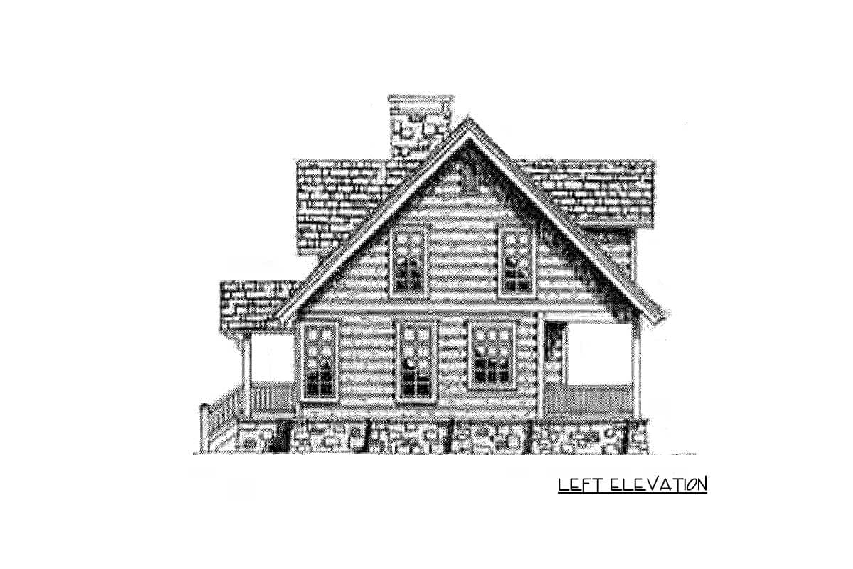 Log cabin house plan left elevation with stone foundation, prominent gable roof, dormer, and covered porch.