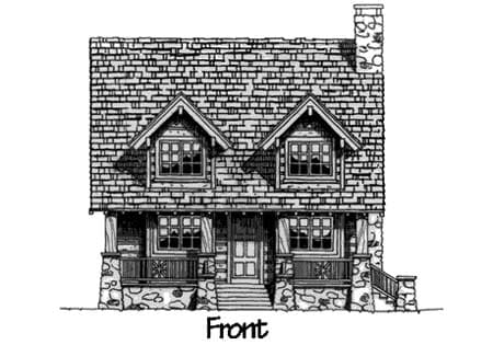 Front elevation house plan with stone foundation, gabled dormers, full porch, and prominent chimney.