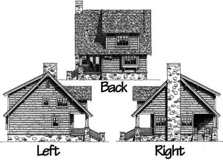 House plan exterior elevations show left, back, and right views of a two-story home with stone foundation, wood siding, gables, and dormers.