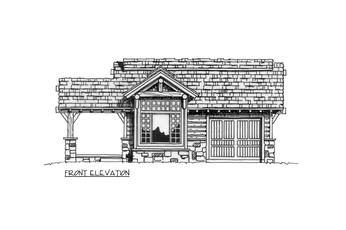 Front elevation of a house plan featuring a covered porch, stone accents, large window, and a double garage door.