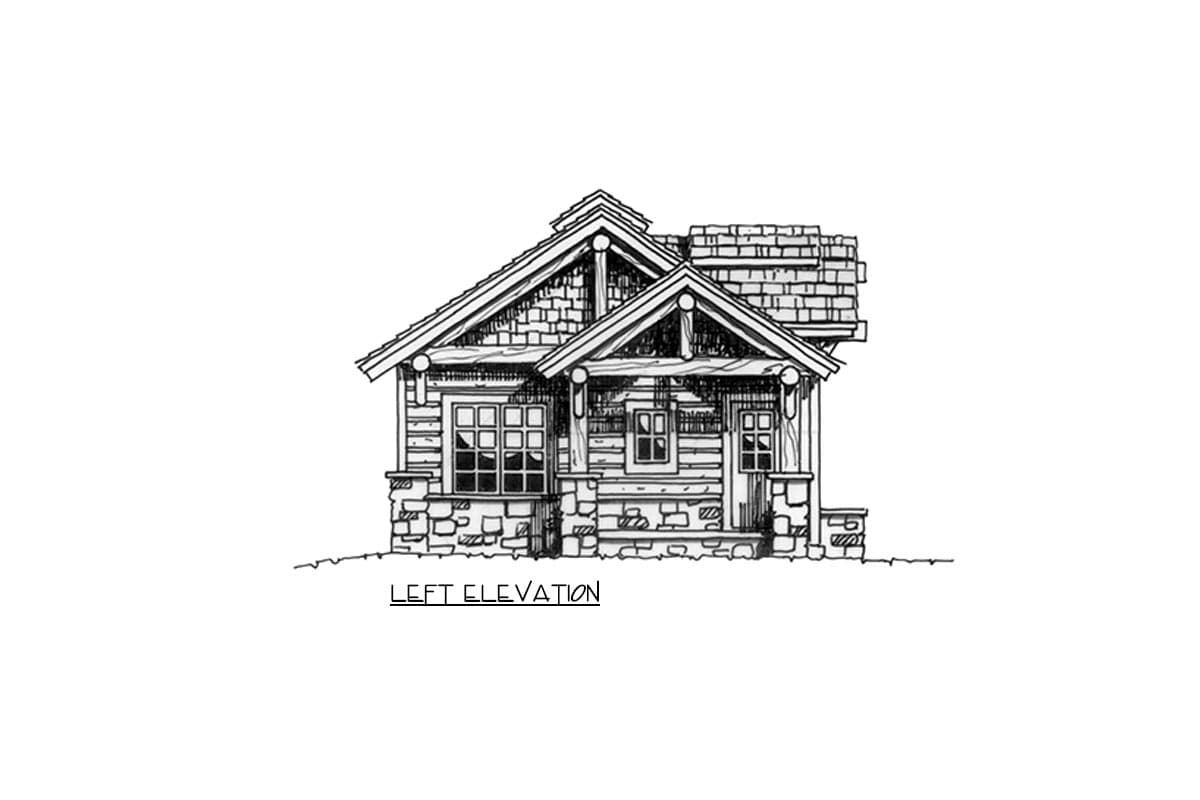 Left elevation drawing of a one-story house plan with stone base, wood siding, gable roof, and covered front porch.