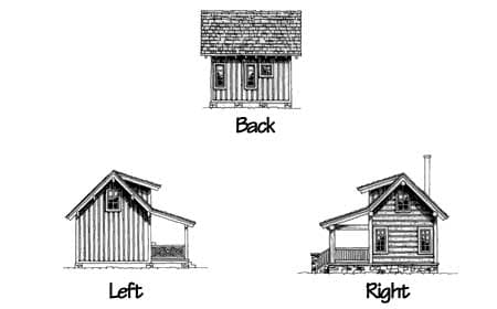 House plan elevations showing back, left, and right views of a one-story cottage with a covered porch and gabled roof.