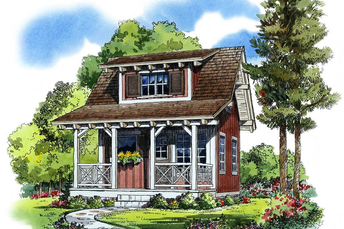 House plan exterior: Tall, narrow cottage with dormer, porch with X-bracing, and gable roof.