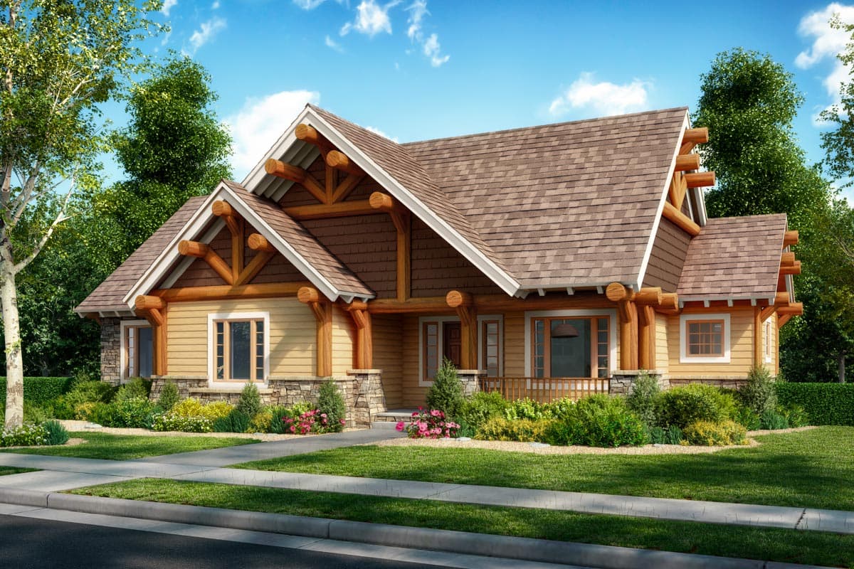 House plan exterior featuring a Craftsman style. The one-story home has exposed timber gables, a covered porch, and a shingle roof.