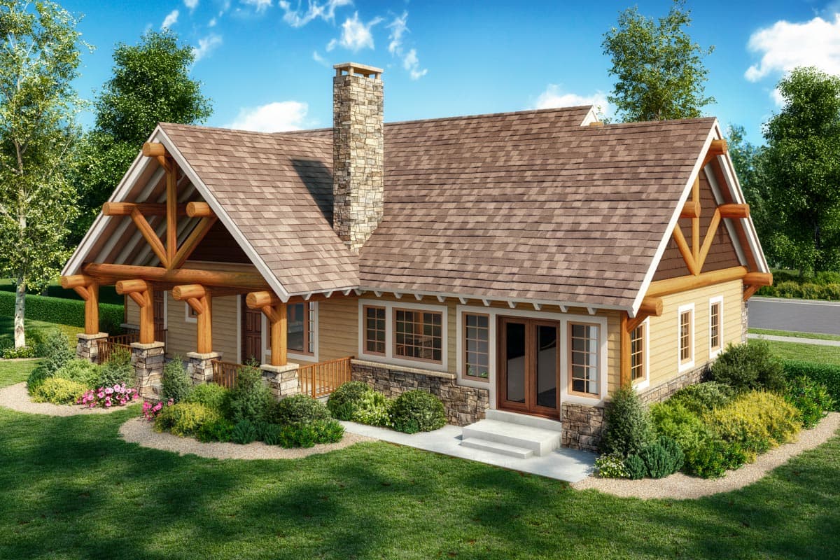 House plan exterior: Gable roof with exposed timber framing, stone chimney, covered porch with timber posts.