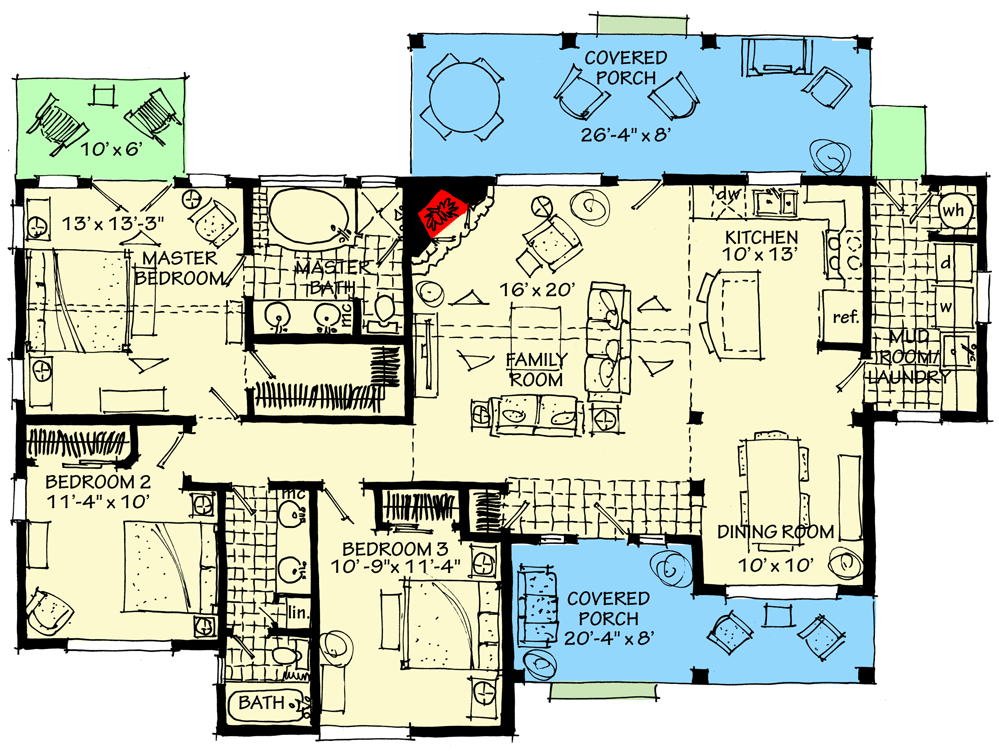 Plan 11542KN: 3-Bed Cottage House Plan with Vaulted Master Bedroom - 1416 Sq Ft - Floor Plan - Main Level - Cabin, Cottage, Craftsman, Mountain, Rustic, Vacation
