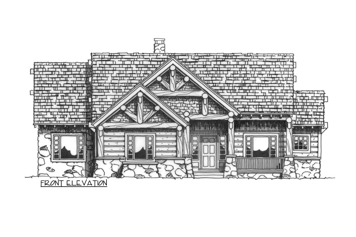 Log cabin style house plan front elevation showing stone base, covered porch with timber supports, and gabled dormer.