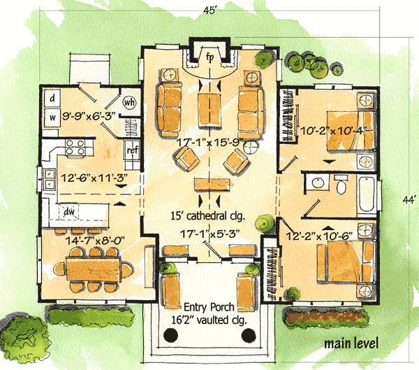Plan 11543KN: Rustic and Efficient Escape - Floor Plan - Main Level - Country, Log Cabin, Rustic, Vacation