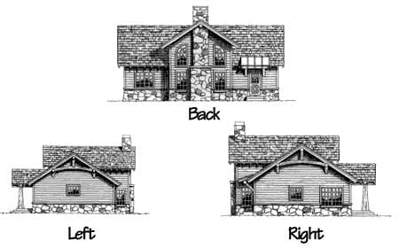 House plan exterior views: back, left, and right elevations of a two-story home with stone accents, gables, and porches.