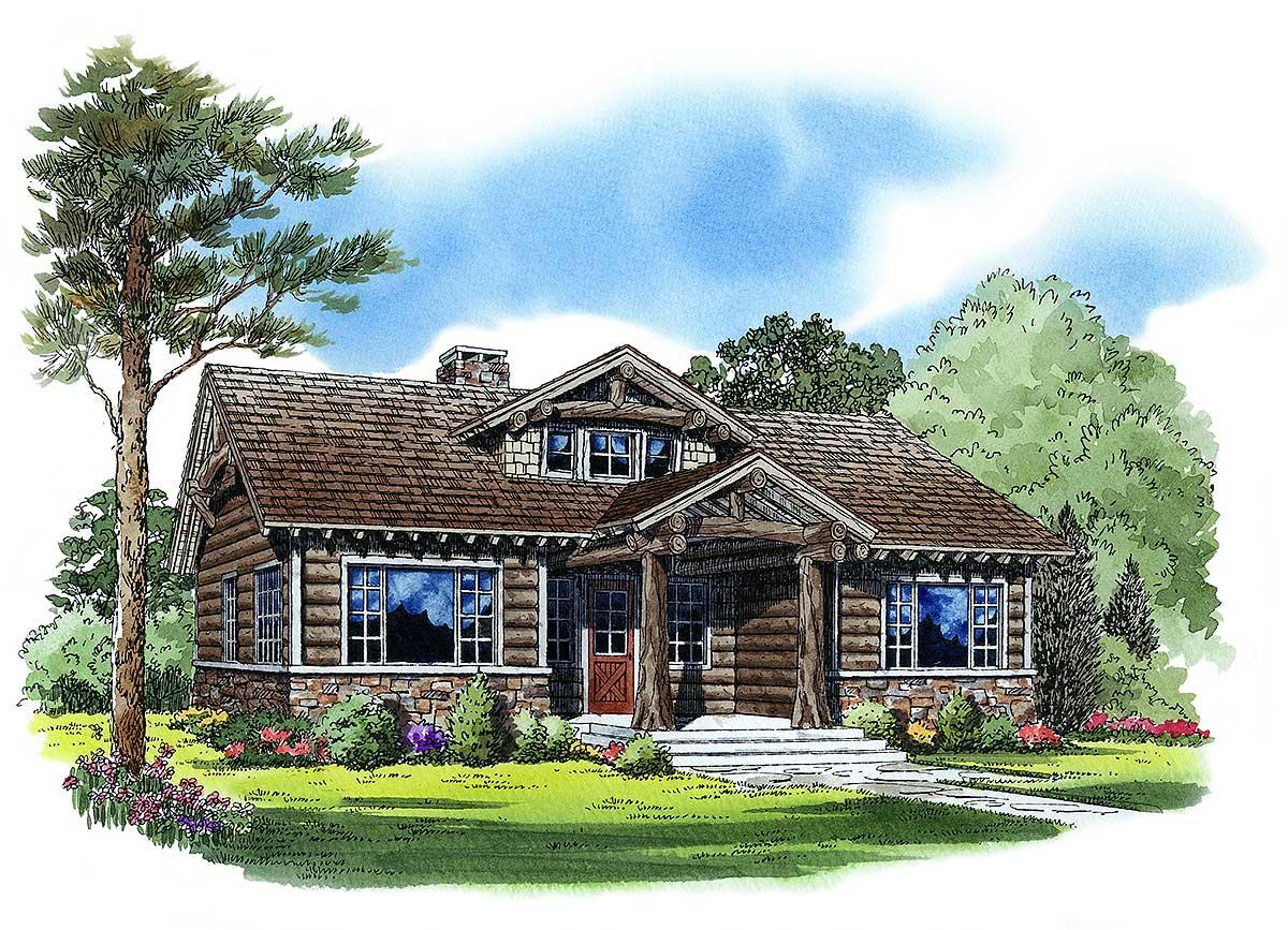 Log cabin style house plan exterior with stone foundation, prominent dormer, and covered porch with log supports.