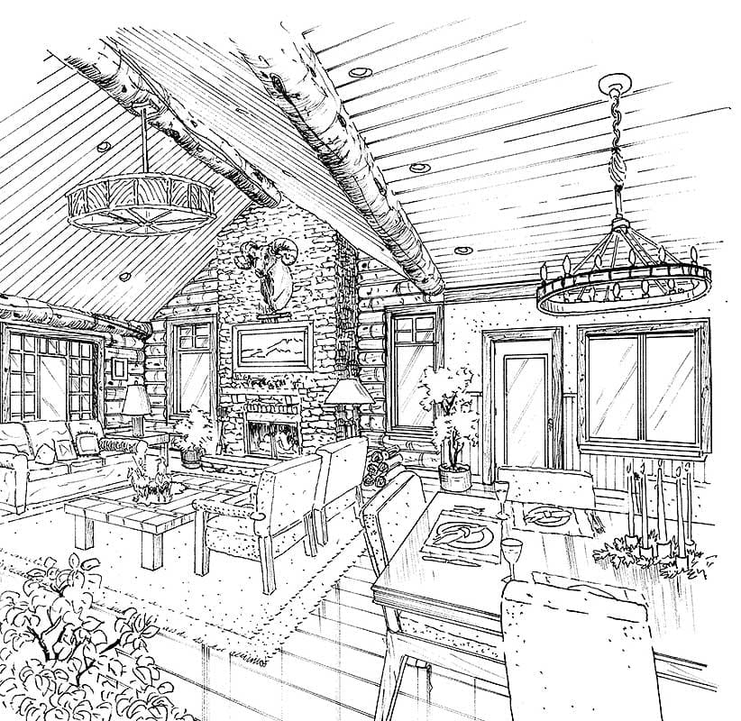 Interior rendering of a great room with a vaulted wood ceiling, stone fireplace, and rustic log walls.