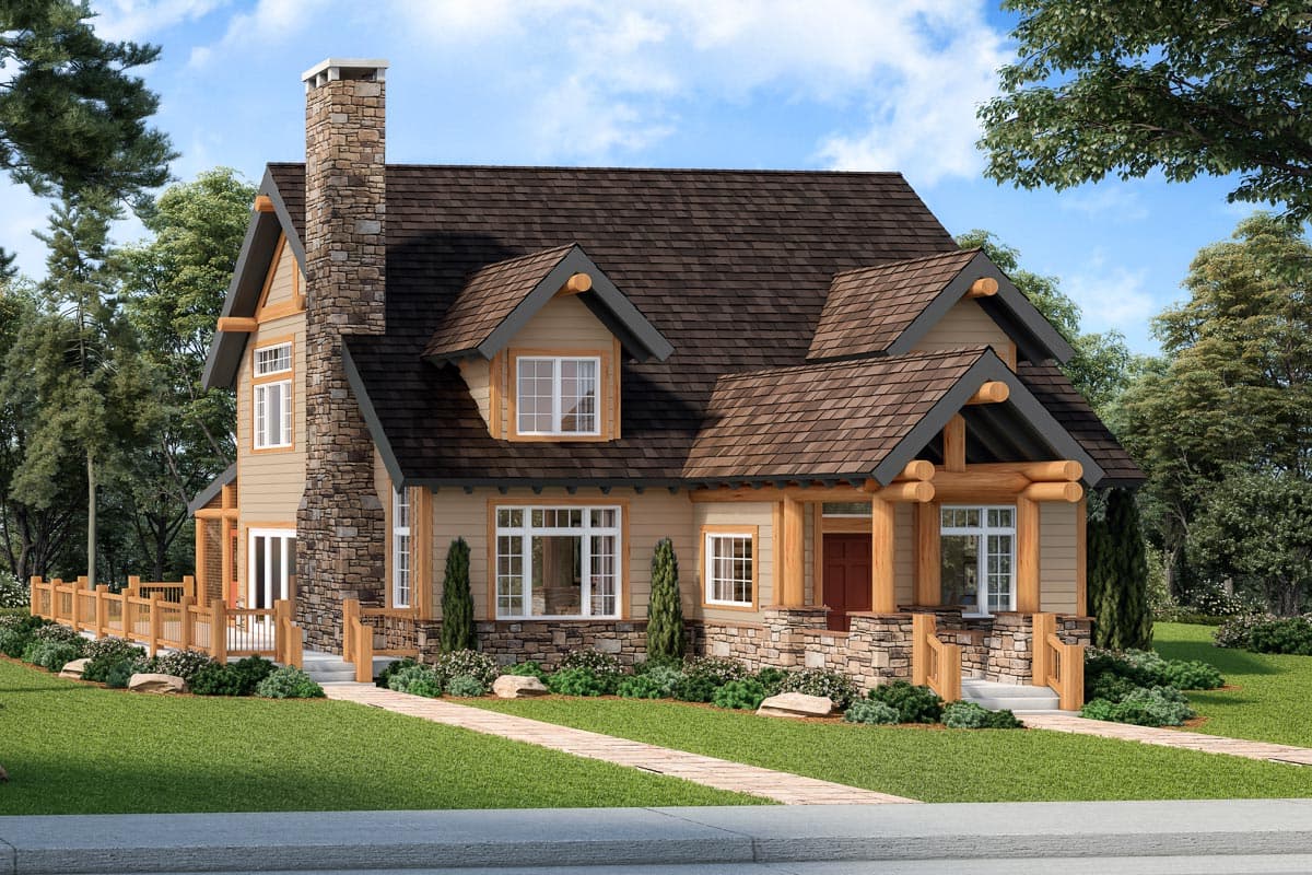 House plan exterior. Two-story Craftsman home with a stone chimney, multiple gables, and a front porch with log beam supports.