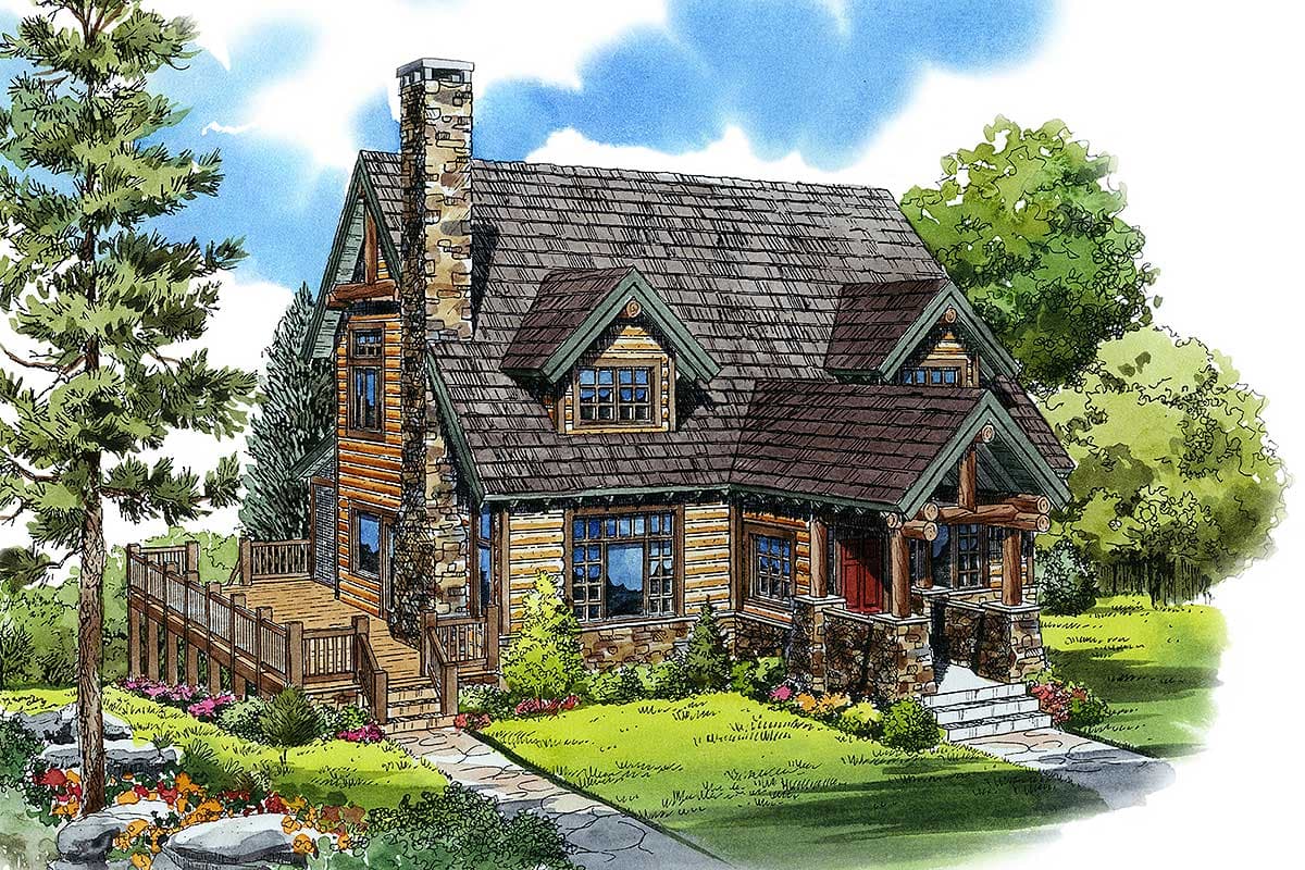 Log cabin style house plan exterior with stone chimney, covered porch with log supports, dormers, and a wraparound deck.