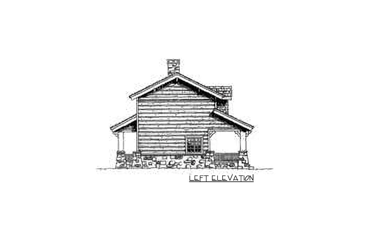 Left elevation drawing of a house with horizontal siding, stone foundation, gables, dormer, and covered porches.