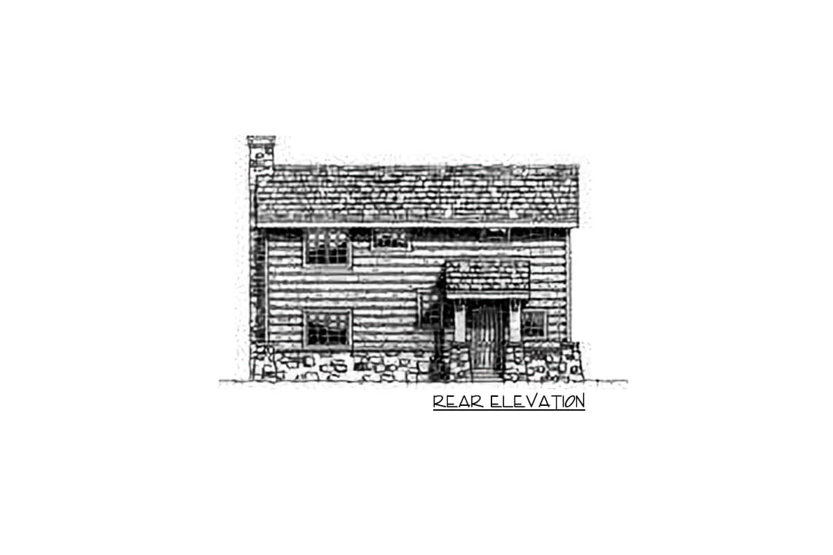 Rear elevation house plan, two-story log home with stone foundation, covered entry, and prominent chimney.