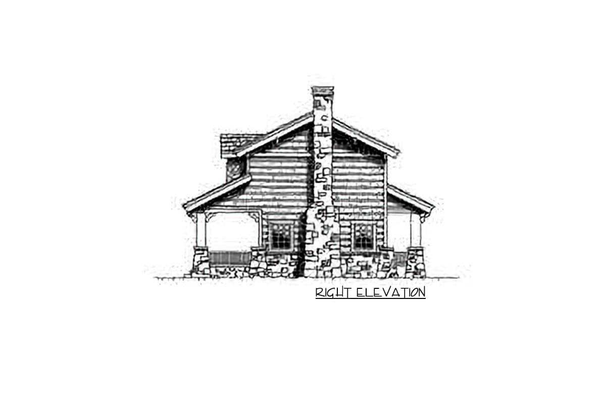 Right elevation of a log cabin house plan with a stone foundation, covered porch, and central stone chimney.