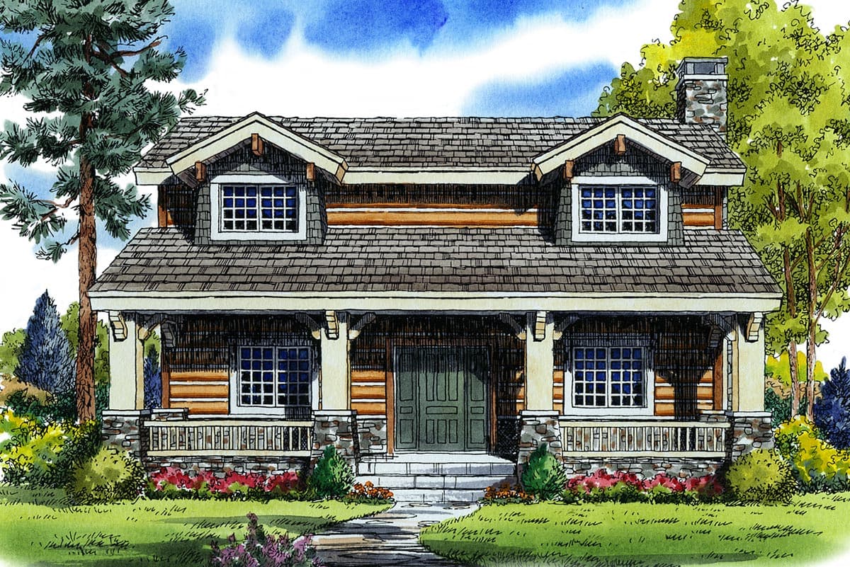 House plan exterior of a two-story Craftsman home with a prominent covered porch, stone foundation, and dormer windows.