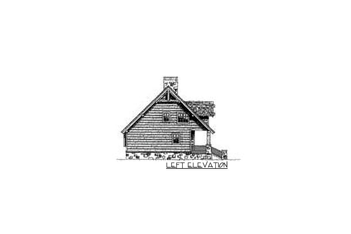 Left elevation of a two-story house plan with a gable roof, stone foundation, and covered front porch.