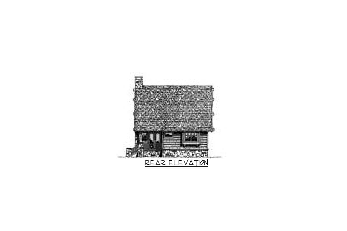 Rear elevation drawing of a two-story house with a stone foundation, wood siding, pitched roof, and prominent chimney.