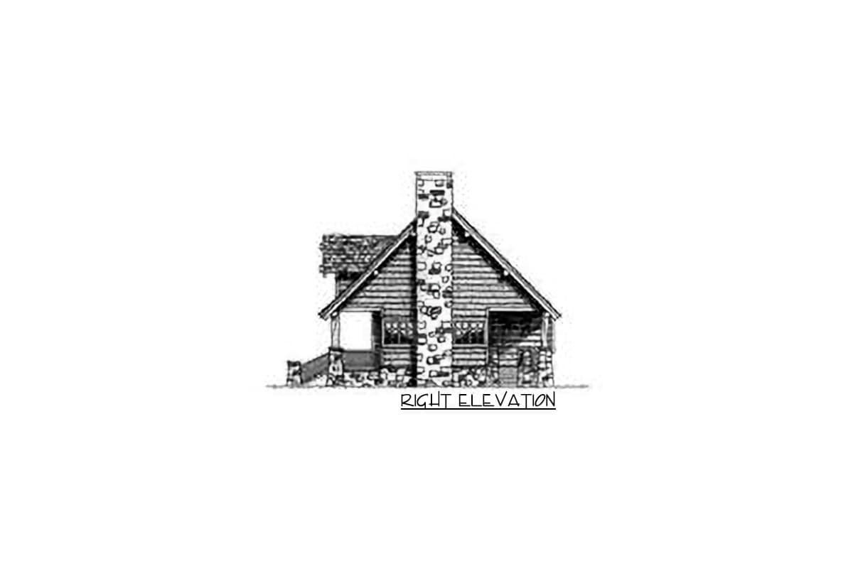 Right elevation house plan, one story, wood siding, stone foundation, and large stone chimney.