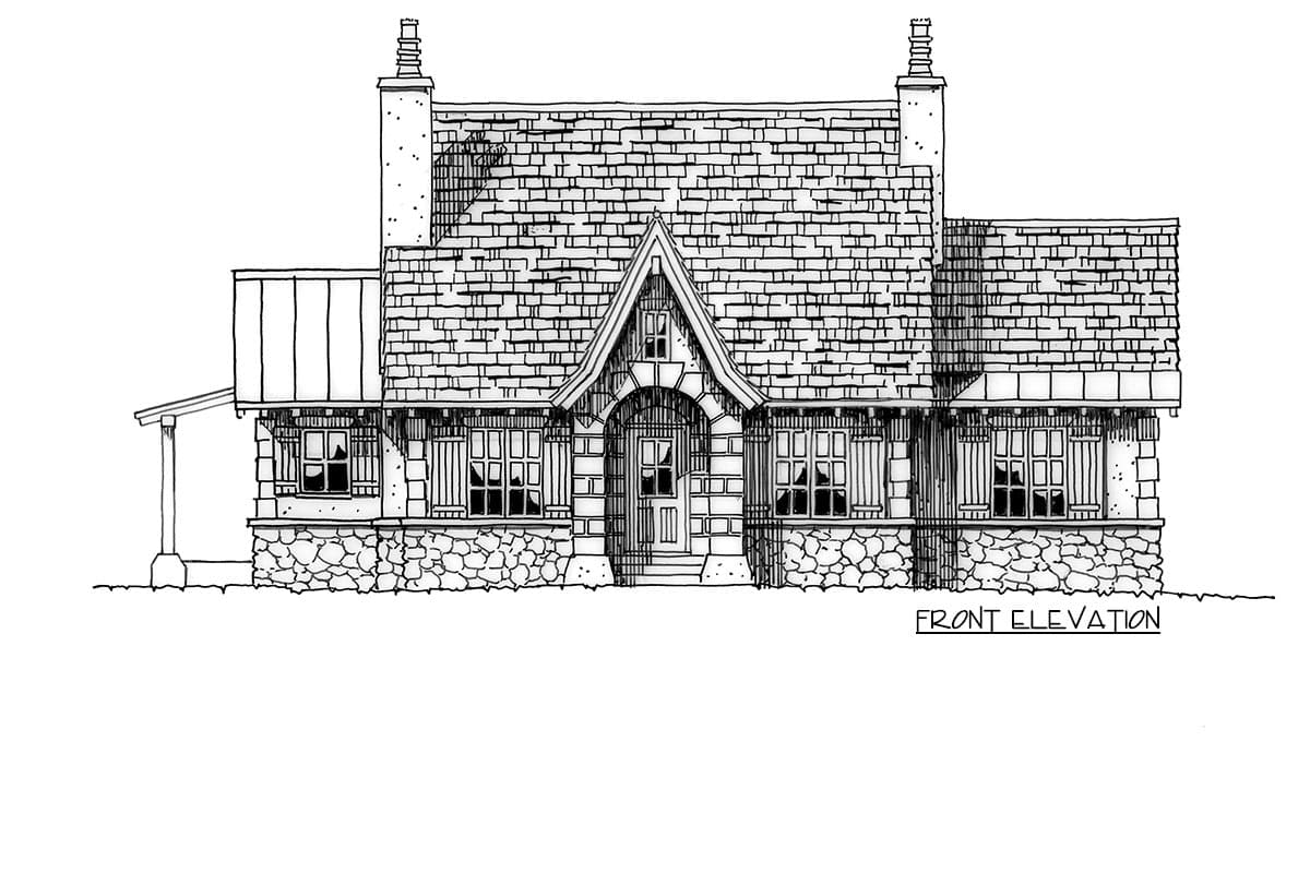 Front elevation drawing of a house plan featuring stone base, gabled entrance with arched surround, and prominent chimneys.