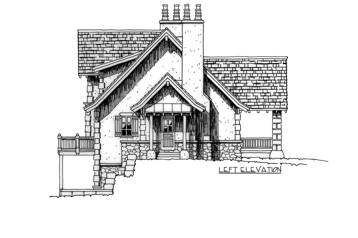 House plan left elevation drawing of a two-story home with stone accents, prominent chimney, covered porch, and deck.