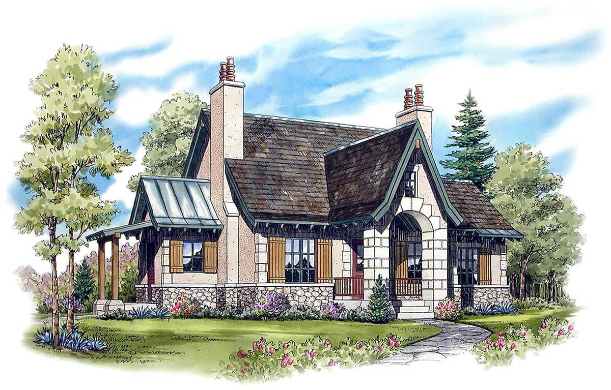 House plan exterior of a one-story stone and stucco home with multiple gables, arched entryway, and covered porch.