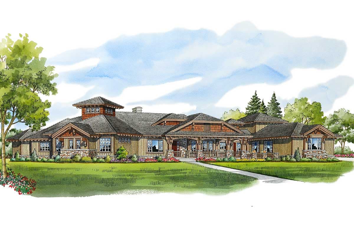 Craftsman style house plan exterior. Single story with wrap-around porch, multiple gables, and a prominent central dormer.