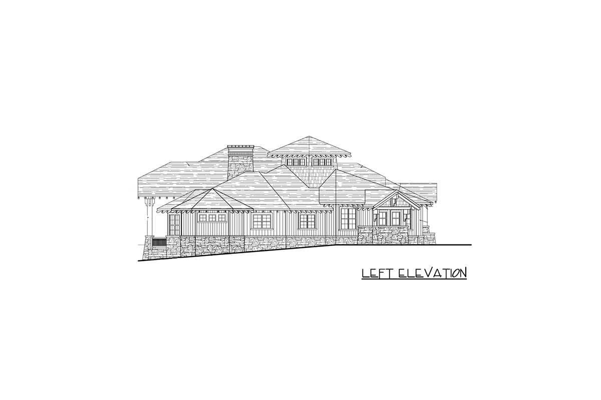 Left elevation architectural drawing of a multi-story house plan with stone foundation, gables, prominent rooflines, and chimney.