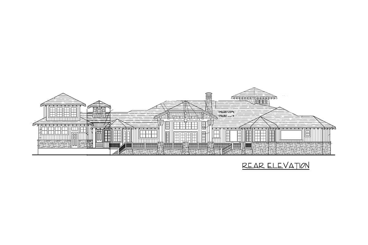 Rear elevation drawing of a large house with multiple gables, a prominent chimney, and a covered porch.