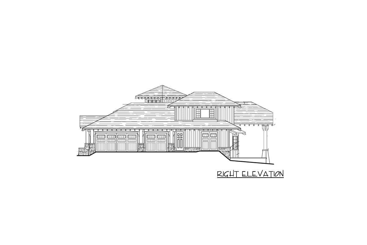 Right elevation of a house plan with a multi-level roof, five-car garage, covered porch, and stone accents.