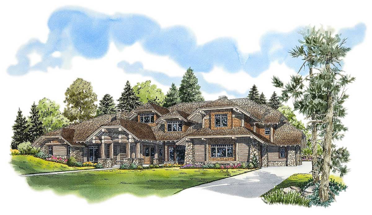 Log home exterior plan with a covered porch, stone accents, multiple gables, and dormer windows.