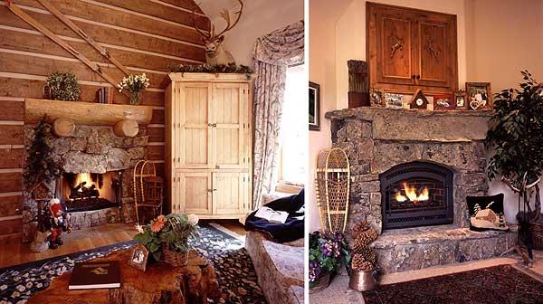 Two rustic living room scenes featuring stone fireplaces, log walls, wooden cabinetry, and decorative winter elements.