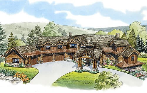 House plan exterior of a two-story log and stone lodge with a five-car garage, prominent gables, and a covered entryway with timber posts.