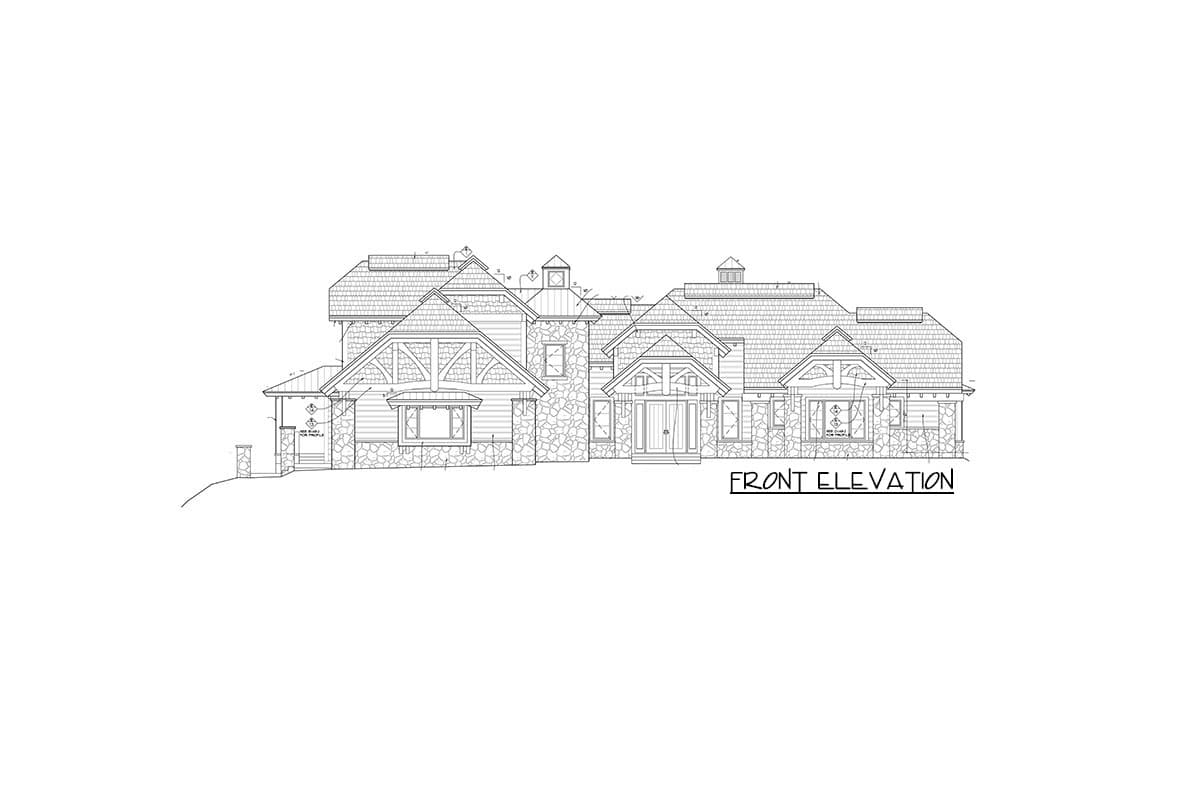 Front elevation house plan drawing featuring stone and timber accents, multiple gables, and a prominent entry.