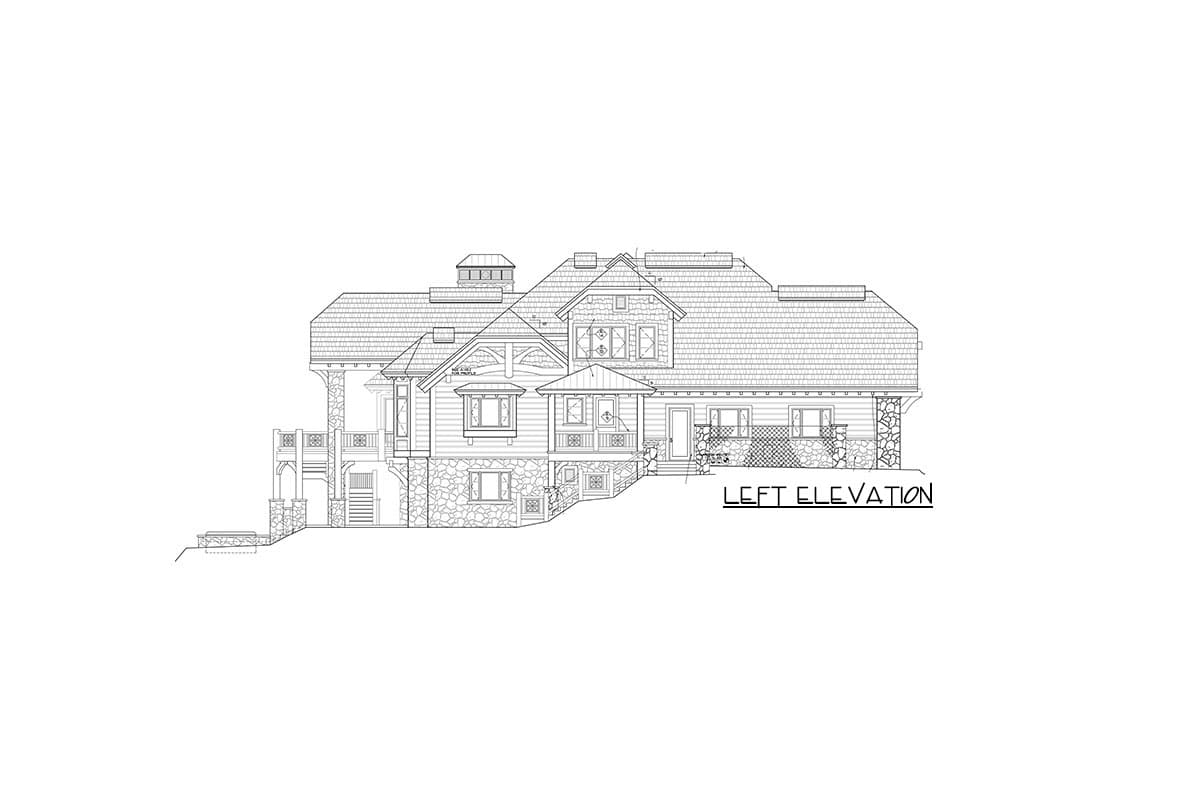 Left elevation drawing of a multi-story house plan featuring gables, dormers, stone accents, and a covered porch.