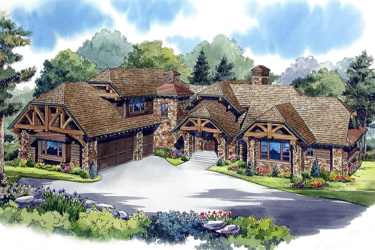 Mountain style house plan exterior with stone, wood accents, multiple gables, and a three-car garage.