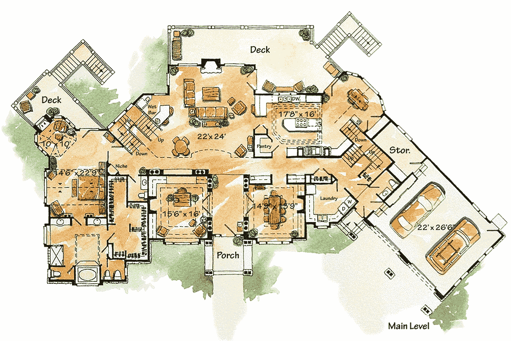 Plan 11576KN: Gracious Lodge Home Plan - Floor Plan - Main Level - Craftsman, Mountain, Northwest, Rustic, Vacation