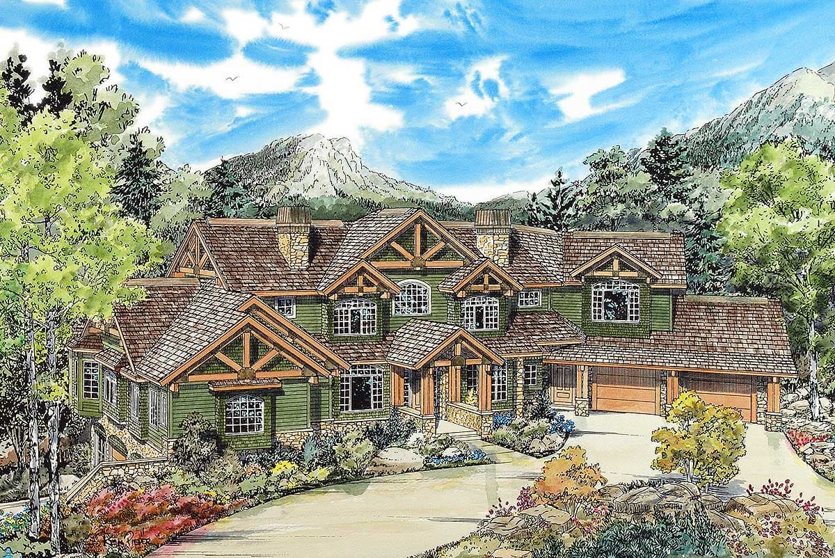 House plan exterior, Mountain style, multiple gables, stone chimney, dormers, and attached three-car garage.