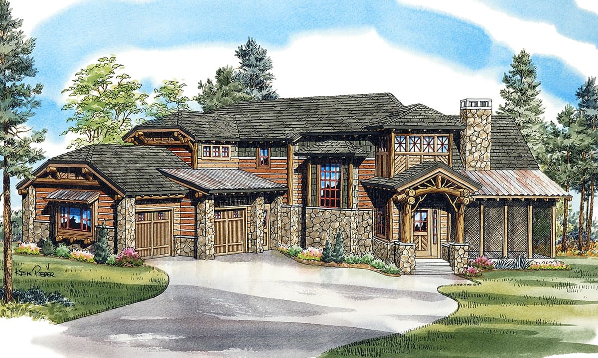 House plan exterior with log and stone facade, multi-level roof, screened porch, and attached garages.