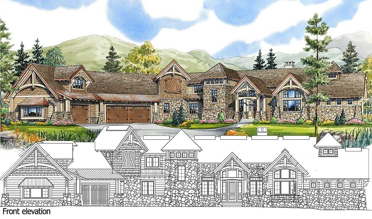 House plan exterior with stone and timber accents, multiple gables, dormers, and a three-car garage. Front elevation drawing below.